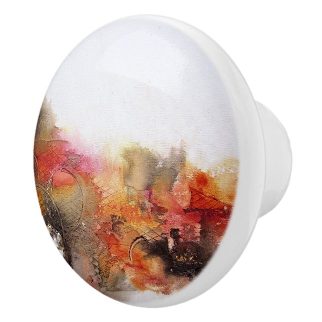 Red Brown Orange White Modern Abstract Art Ceramic Knob (Right)