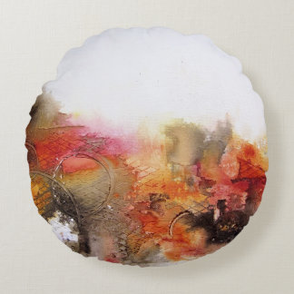 Red Brown Orange White Modern Abstract Art Round Pillow