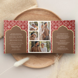 Red Brown Pattern All in One Indian Wedding Tri-Fold Invitation