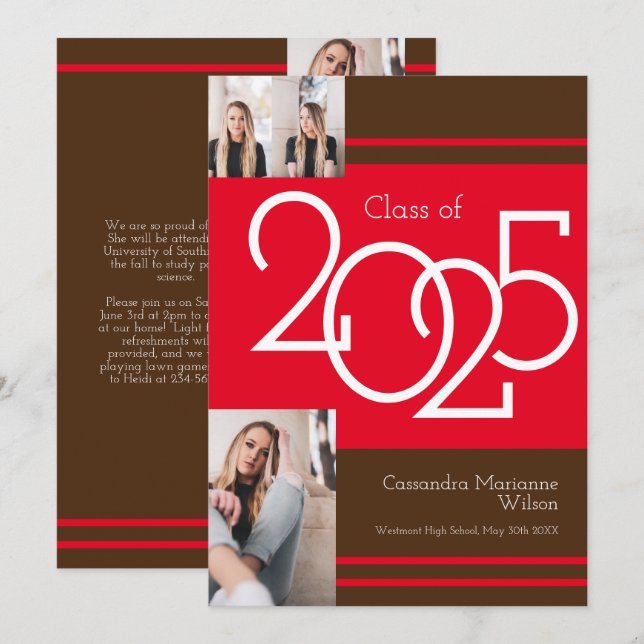 Red Brown School Colours Graduation Announcement (Front/Back)