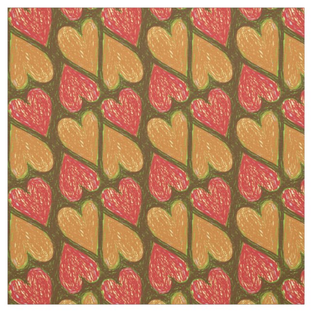 Red Brown Scribble Hearts Pattern Earthy Cute Fall Fabric (Swatch)
