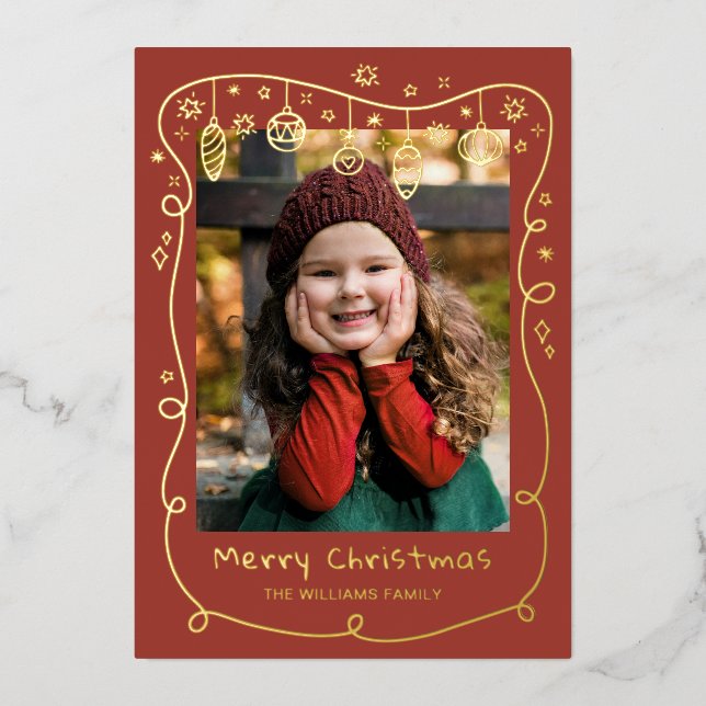 Red-Brown Scribbled Baubles Photos Merry Christmas Foil Holiday Card (Front)