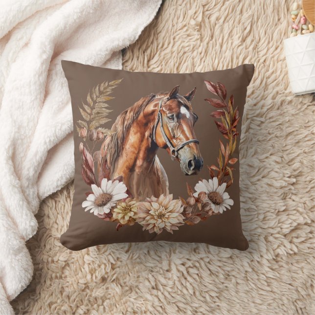 Red Brown Sorrel Horse Autumn Wreath Throw Pillow (Blanket)
