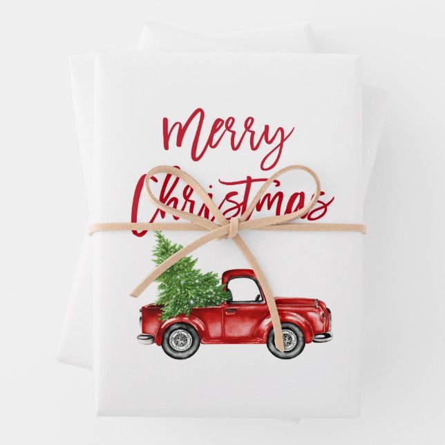 Red Brush Script Christmas Truck Wrapping Paper Sheet (In situ)