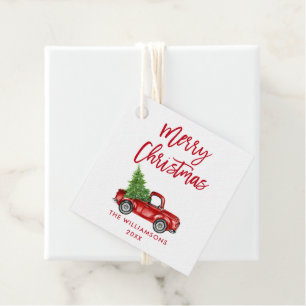 Red Brush Script Christmas Vintage Truck Favour Tags