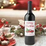 Red Brush Script Christmas Vintage Truck Wine Label<br><div class="desc">Brush Script Watercolor Vintage Red Truck with Christmas Tree - Wine Bottle Label</div>