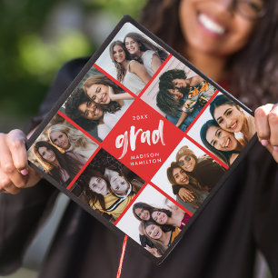 Red Brush Script Grad 8 Photo Collage Graduation Cap Topper