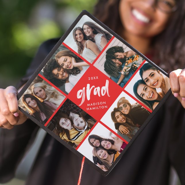 Red | Brush Script Grad 8 Photo Collage Graduation Cap Topper (Creator Uploaded)