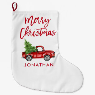 Red Brush Script Vintage Red Truck Tree Large Christmas Stocking