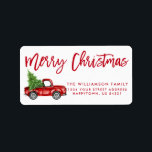 Red Brush Script Vintage Truck Christmas Label<br><div class="desc">Brush Script Watercolor Vintage Red Truck with Christmas Tree - Merry Christmas Family Return Address Label</div>