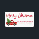 Red Brush Script Vintage Truck Christmas Label<br><div class="desc">Brush Script Watercolor Vintage Red Truck with Christmas Tree - Merry Christmas Family Return Address Label</div>