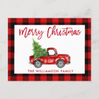 Red Brush Script Vintage Truck Christmas Plaid