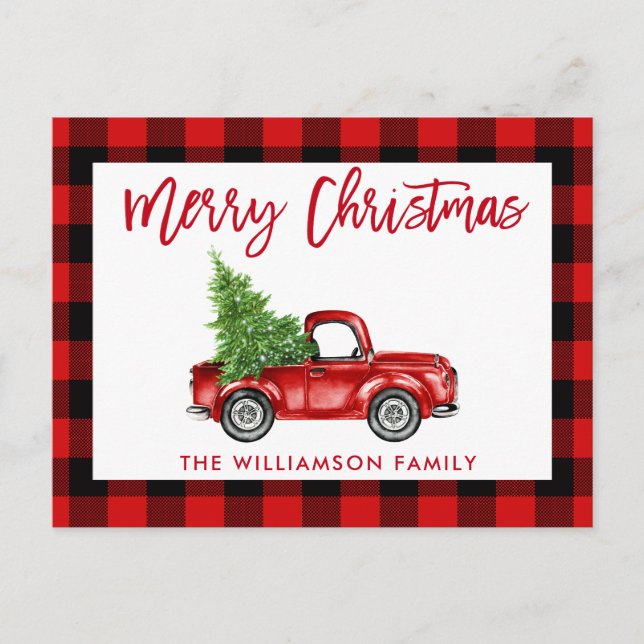 Red Brush Script Vintage Truck Christmas Plaid Postcard (Front)