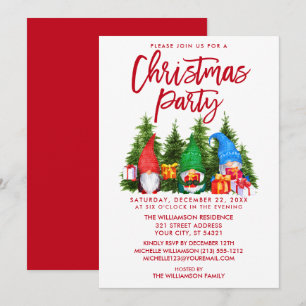 Red Brush Script Watercolor Gnomes Christmas Party Invitation