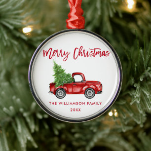 Red Brush Script Watercolor Vintage Red Truck Metal Ornament