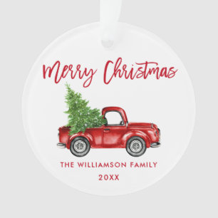 Red Brush Script Watercolor Vintage Red Truck Ornament