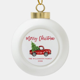 Red Brush Script Watercolor Vintage Truck Ceramic Ball Christmas Ornament