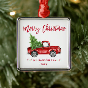 Red Brush Script Watercolor Vintage Truck Square Metal Ornament