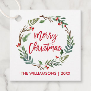 Red Brush Script Watercolor Wreath Merry Christmas Favour Tags