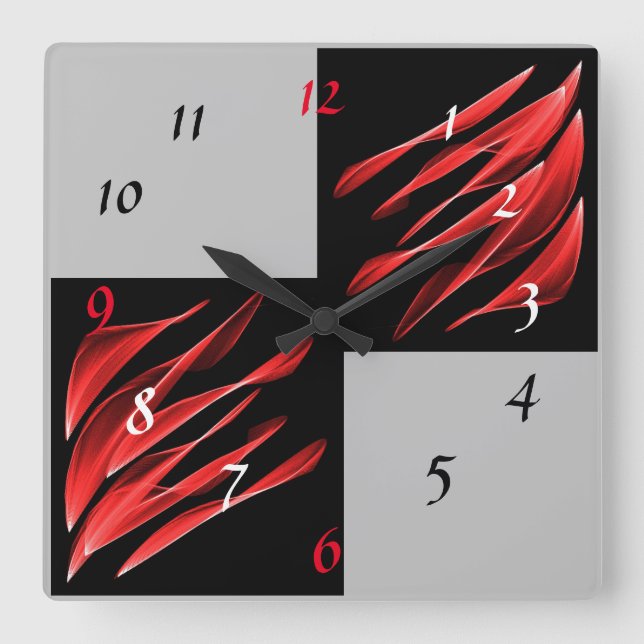 Red Brush Shades Black Pattern Square Wall Clock (Front)