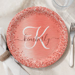 Red Brushed Metal Glitter Monogram Name Paper Plate<br><div class="desc">Easily personalize this trendy chic paper plate design featuring pretty red sparkling glitter on a brushed metallic background.</div>