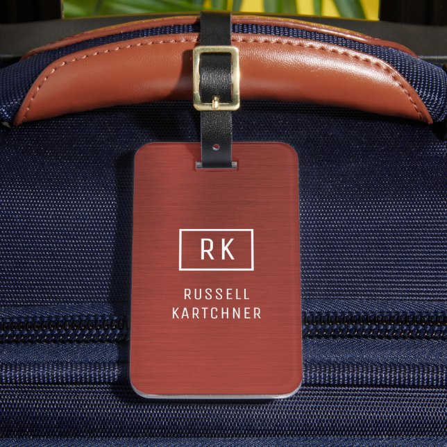 Red Brushed Metal Modern Monogram Luggage Tag (Front Insitu 2)