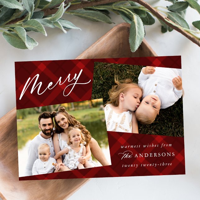 Red Brushed Plaid 3 Photo Holiday Card (Creator Uploaded)