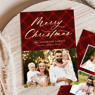 Red Brushed Plaid Gold Foil 3 Photo Foil Holiday Card