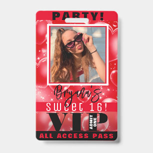 Red Bubble Hearts Birthday Party VIP Pass Badge