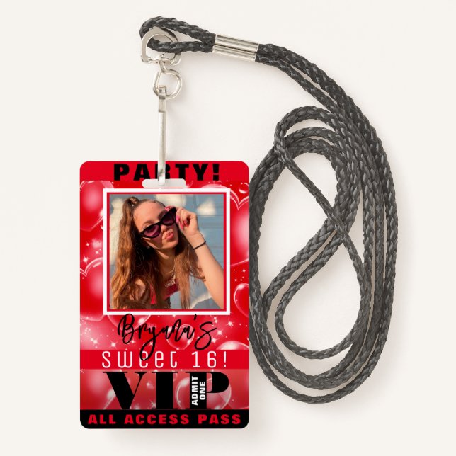 Red Bubble Hearts Birthday Party VIP Pass Badge (Front with Lanyard)