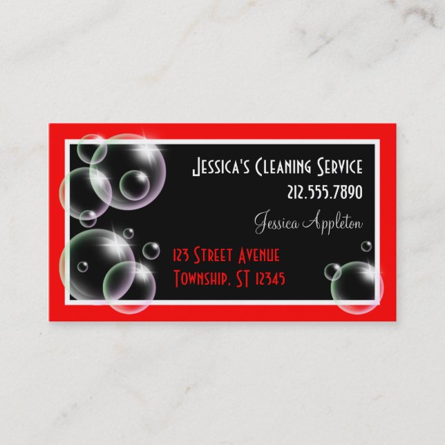 Red Bubbles Cleaning Service Business Cards (Front)