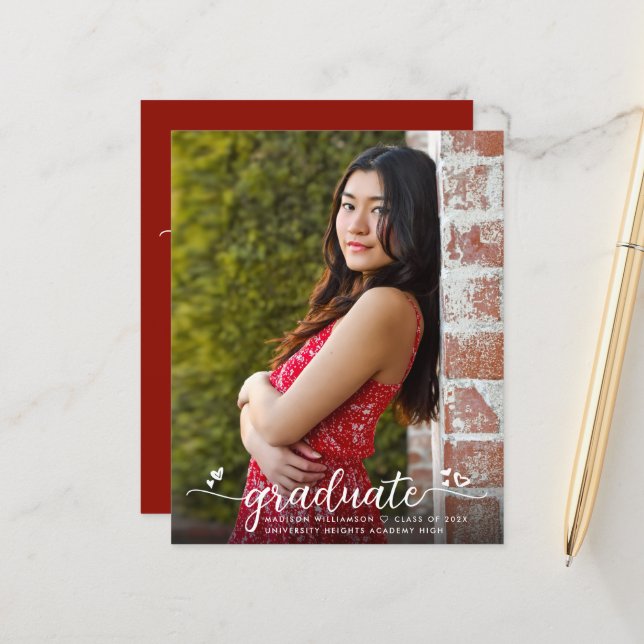 Red Budget Photo Graduation Script Invitation Bold (Front/Back In Situ)