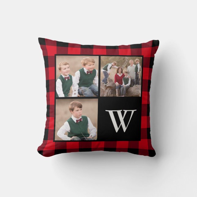 Red Buffalo Check 3 Photo Collage Monogram Throw Pillow (Front)
