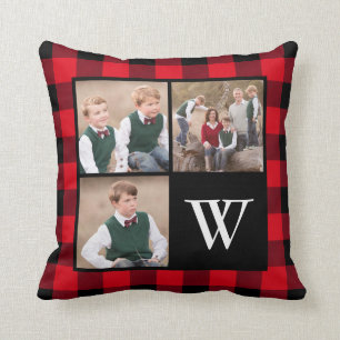 Red Buffalo Check 3 Photo Collage Monogram Throw Pillow