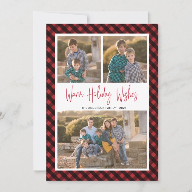 Red Buffalo Check 3 Photo Collage Warm Wishes Holiday Card (Front)