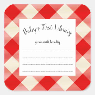 Red Buffalo Check baby shower book plate Square Sticker