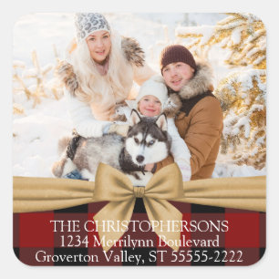 Red Buffalo Check & Bow Photo Return Address Square Sticker