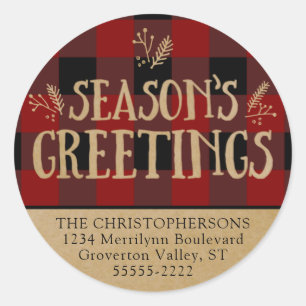 Red Buffalo Check & Brown Kraft Return Address Classic Round Sticker