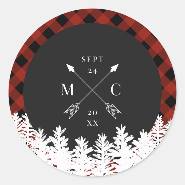 Red Buffalo Check Crossed Arrow Monogram Wedding Classic Round Sticker (Front)
