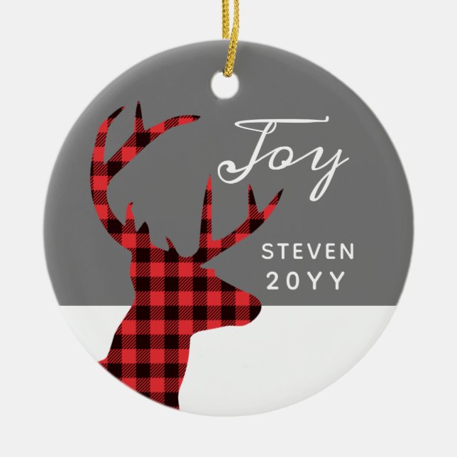 Red Buffalo Check Deer Personalized Year Mens Ceramic Ornament (Front)