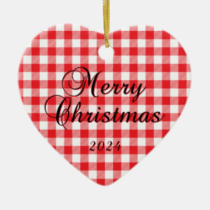 Red Buffalo Check Merry Christmas Couple Photo Ceramic Ornament