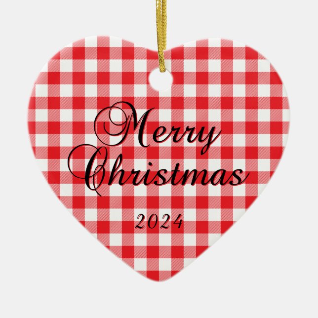 Red Buffalo Check Merry Christmas Couple Photo Ceramic Ornament (Front)