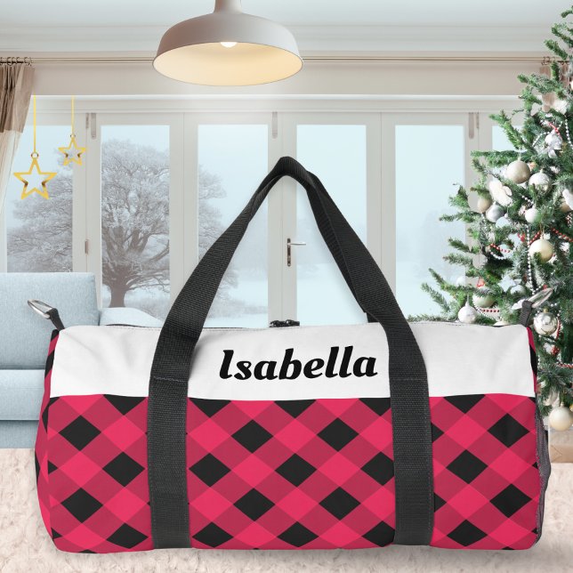 Red Buffalo Check Pattern Personalized Duffle Bag (A festive duffel bag with red buffalo plaid pattern, and white panel to personalize with a name)