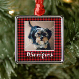 Red Buffalo Check Personalized Pet Photo Christmas Metal Ornament