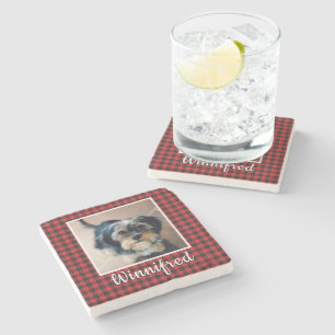Red Buffalo Check Personalized Pet Photo Christmas Stone Coaster
