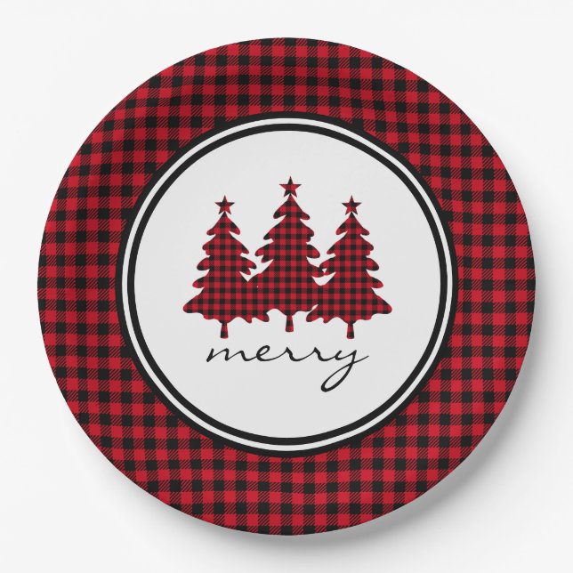 Red Buffalo Check Pine Trees Paper Plate (Front)