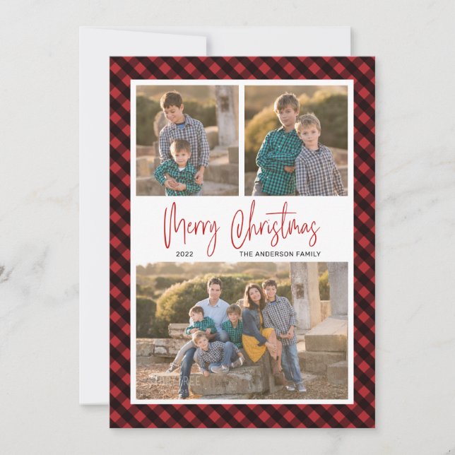 Red Buffalo Check Plaid 3 Photo Collage Christmas Holiday Card (Front)