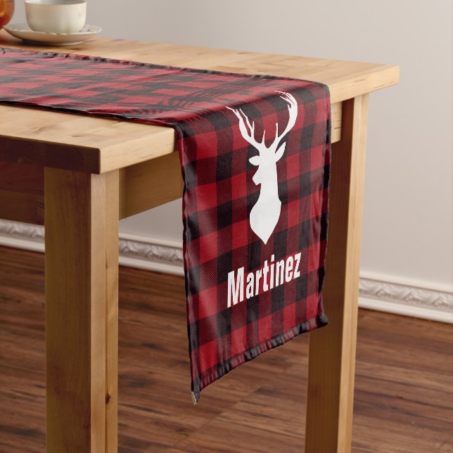 Red Buffalo Check Plaid Deer Head Personalized Short Table Runner (In Situ)