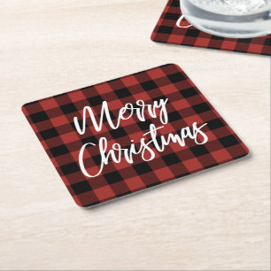 Red Buffalo Check Plaid Merry Christmas Square Paper Coaster