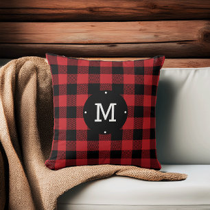 Red Buffalo Check Plaid Monogram Throw Pillow